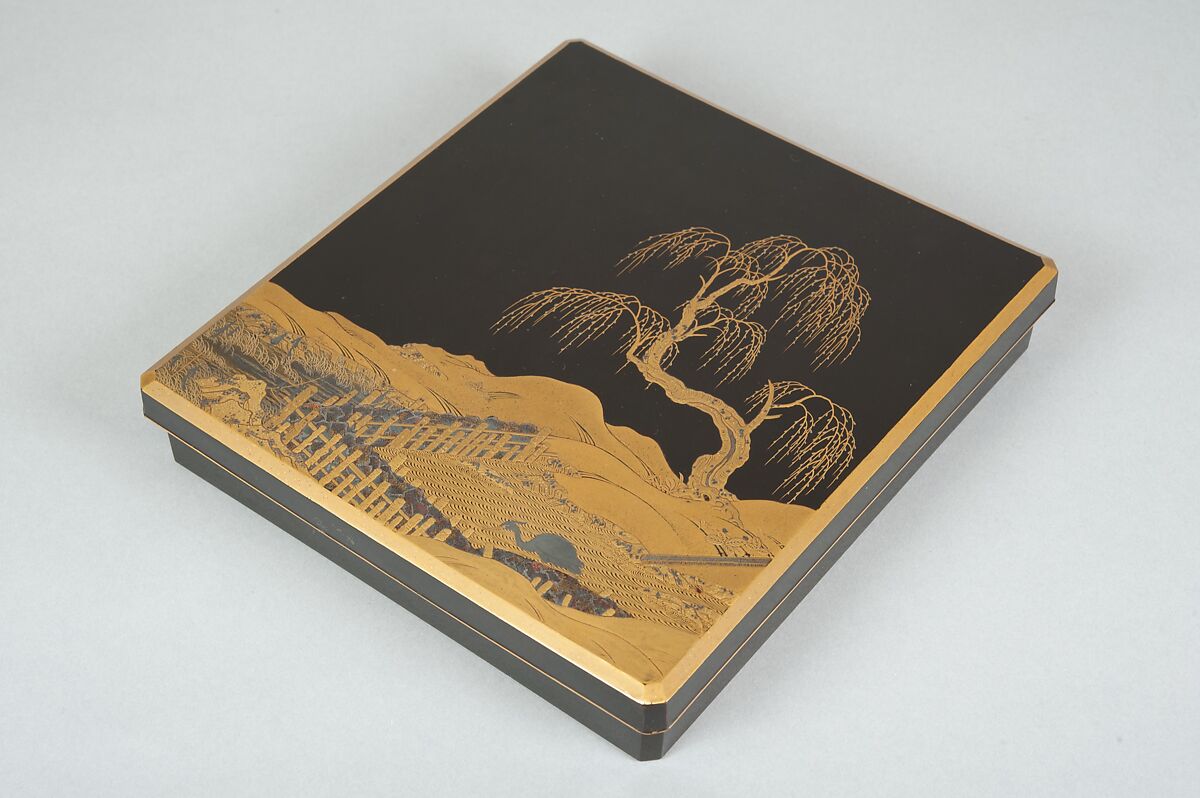 Writing Box (Suzuribako) with Landscape Design, Gold takamakie and gold and silver foil on black lacquer, Japan