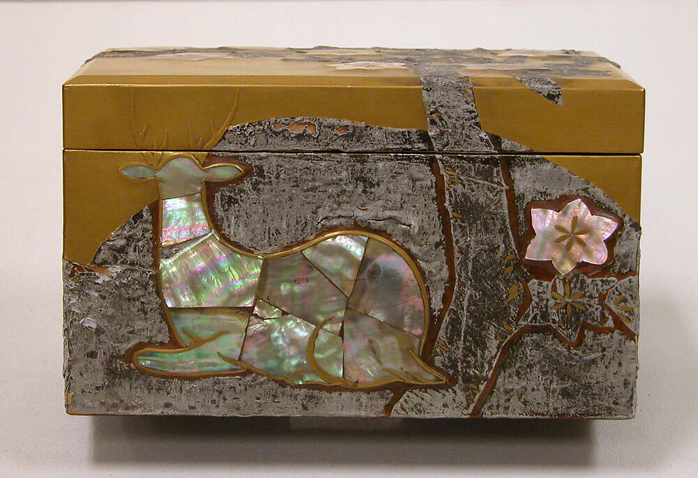 Box with Design of Maple Tree and Deer, Style of Ogata Kōrin (Japanese, 1658–1716), Gold inlaid with mother-of-pearl and tin, Japan 