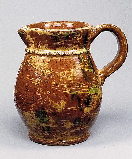 Pitcher, Jacob Medinger (1857–1932), Earthenware with sgraffito decoration, American 