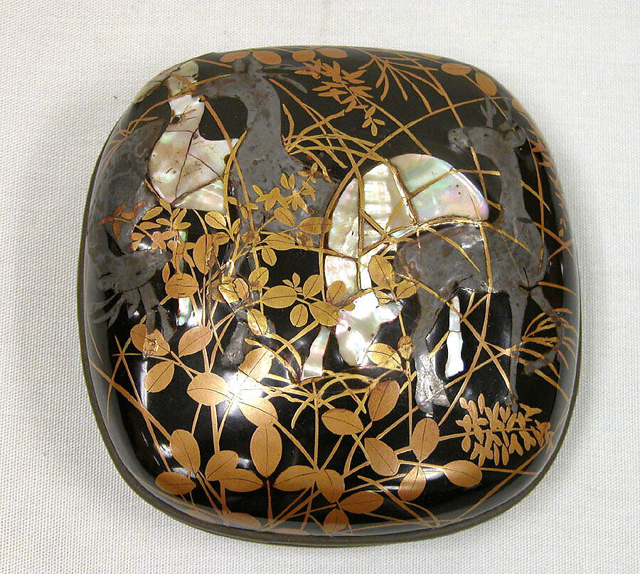 Box with Design of Deer and Bush Clover, Gold maki-e inlaid with mother-of-pearl and pewter on black lacquer, Japan 