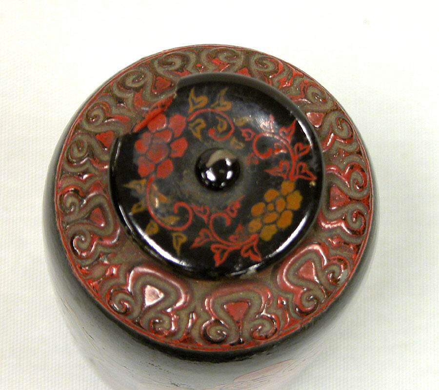 Tea jar, Black lacquer with red design, Japan