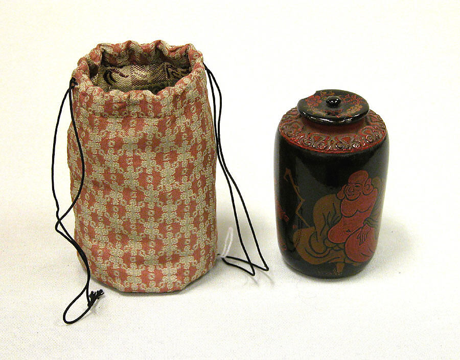 Tea jar, Black lacquer with red design, Japan