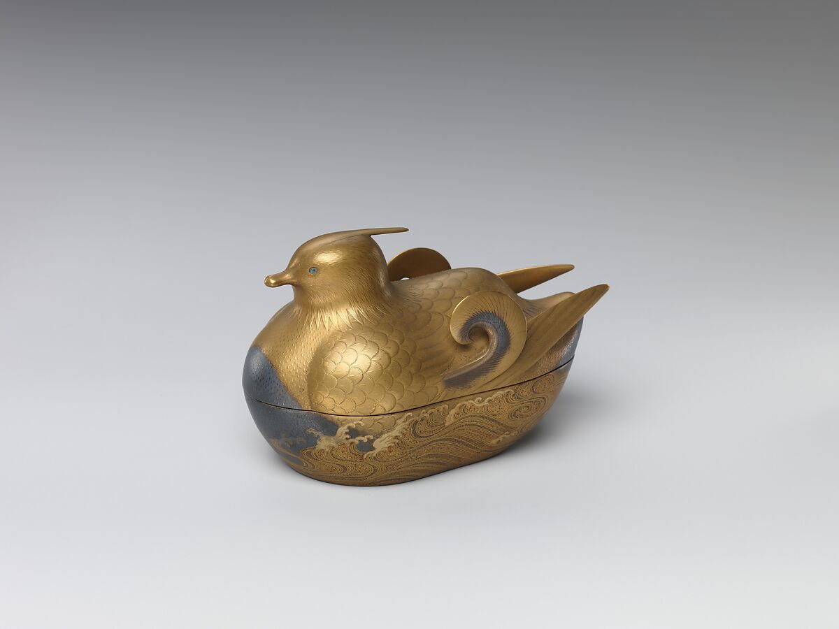 Incense Box in Shape of Mandarin Duck, Lacquer with gold design, Japan 
