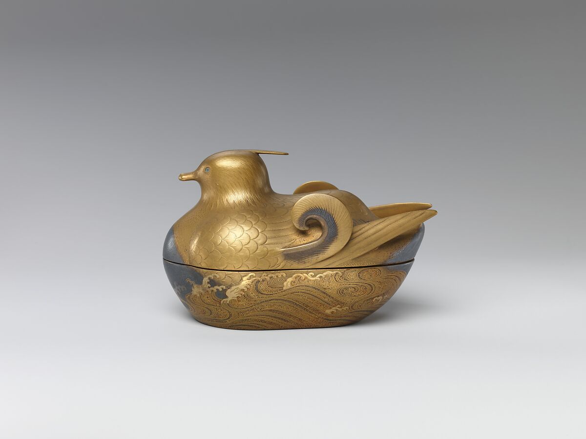 Incense Box in Shape of Mandarin Duck, Lacquer with gold design, Japan