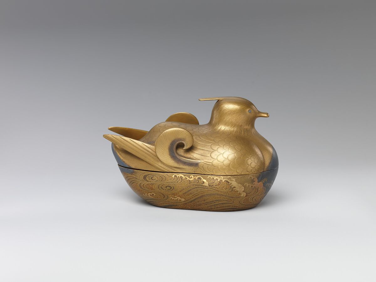 Incense Box in Shape of Mandarin Duck, Lacquer with gold design, Japan