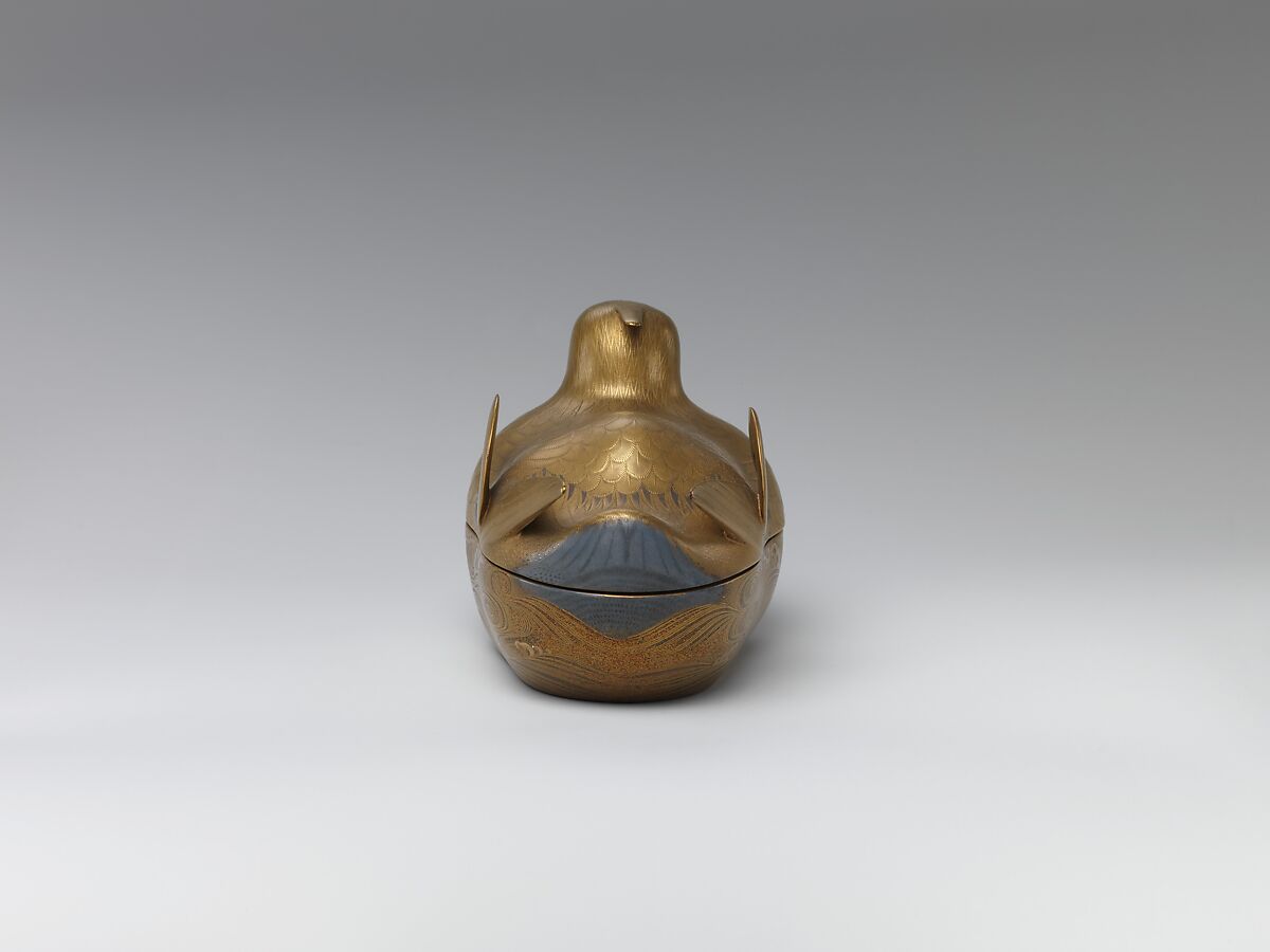 Incense Box in Shape of Mandarin Duck, Lacquer with gold design, Japan