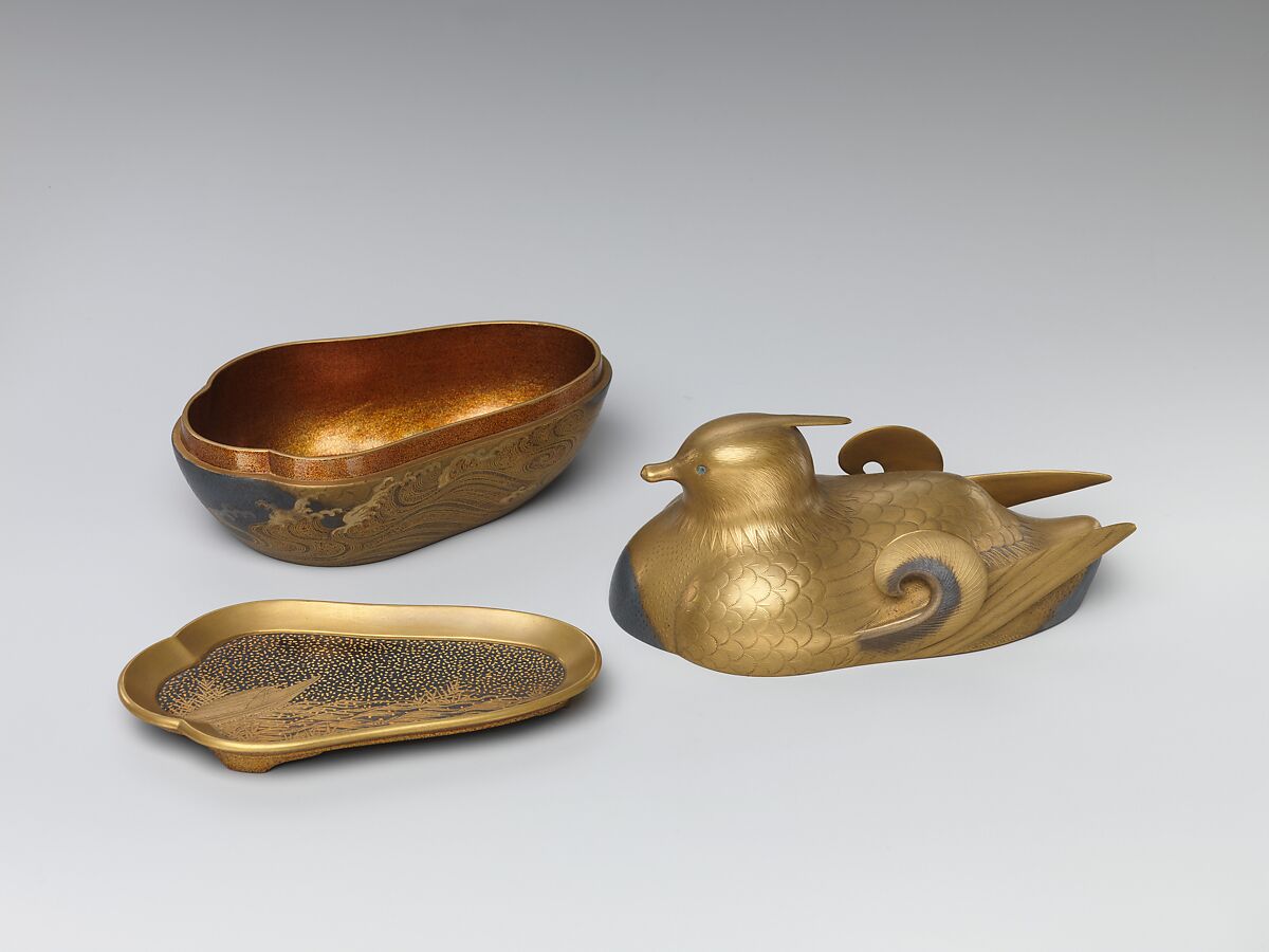 Incense Box in Shape of Mandarin Duck, Lacquer with gold design, Japan