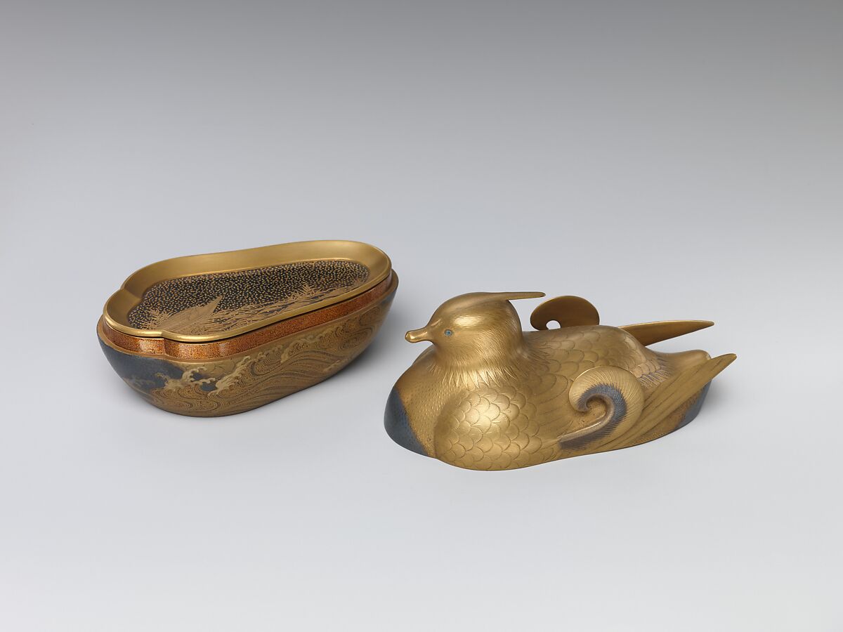 Incense Box in Shape of Mandarin Duck, Lacquer with gold design, Japan