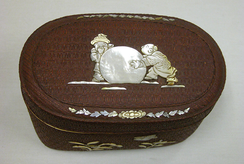 Basket Box with Design of Two Chinese Children and Snowball, Lacquered basket with mother-of-pearl and ivory, Japan