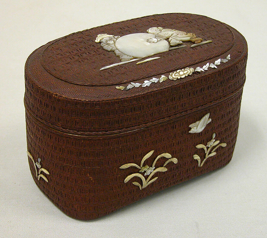Basket Box with Design of Two Chinese Children and Snowball, Lacquered basket with mother-of-pearl and ivory, Japan 