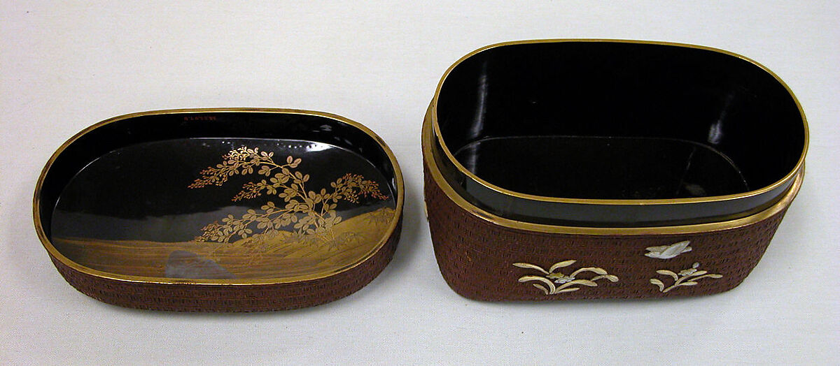 Basket Box with Design of Two Chinese Children and Snowball, Lacquered basket with mother-of-pearl and ivory, Japan