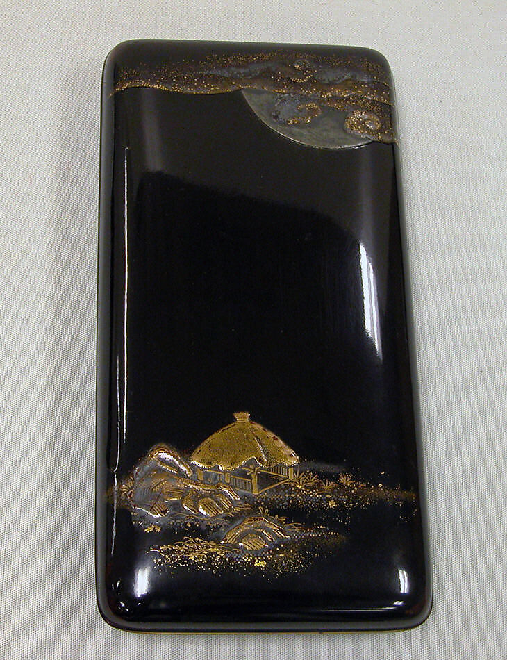 Writing Box with Design of Rustic Shelter and Clouds with Moon (cover), the Poet Saigyō Resting (inside), Gold and silver maki-e on black lacquer, Japan
