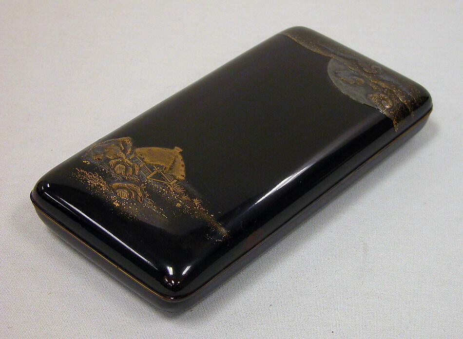Writing Box with Design of Rustic Shelter and Clouds with Moon (cover), the Poet Saigyō Resting (inside), Gold and silver maki-e on black lacquer, Japan 
