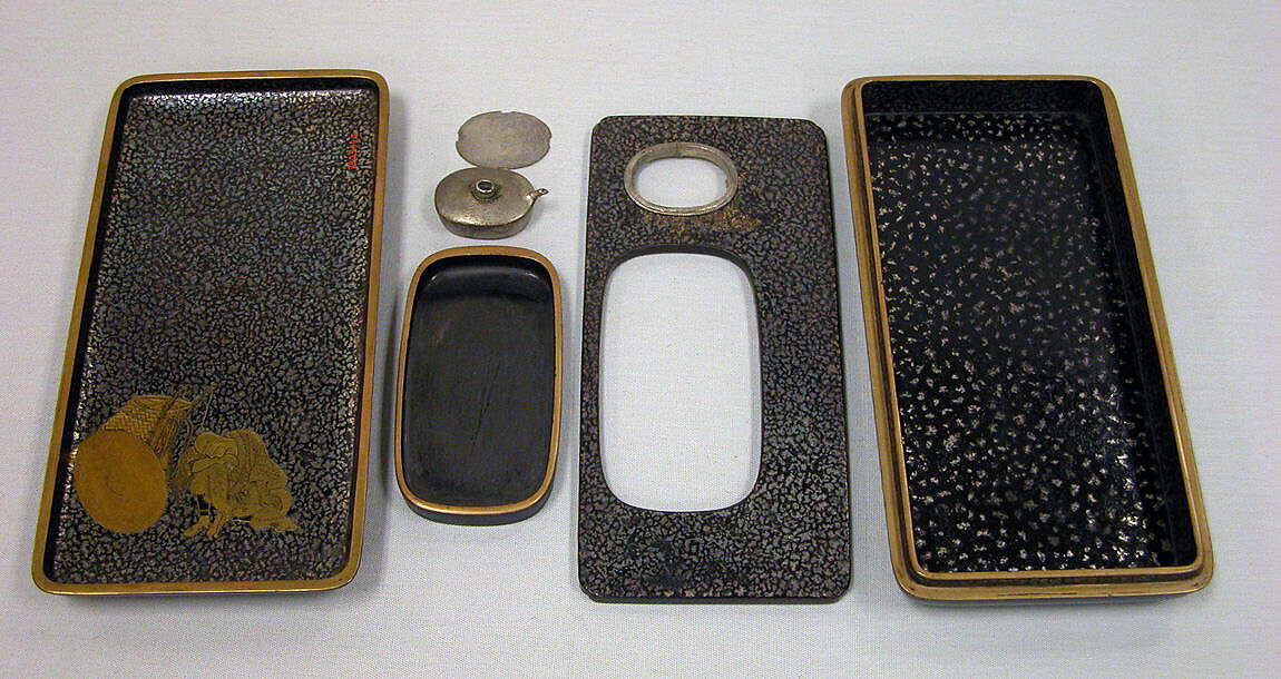 Writing Box with Design of Rustic Shelter and Clouds with Moon (cover), the Poet Saigyō Resting (inside), Gold and silver maki-e on black lacquer, Japan