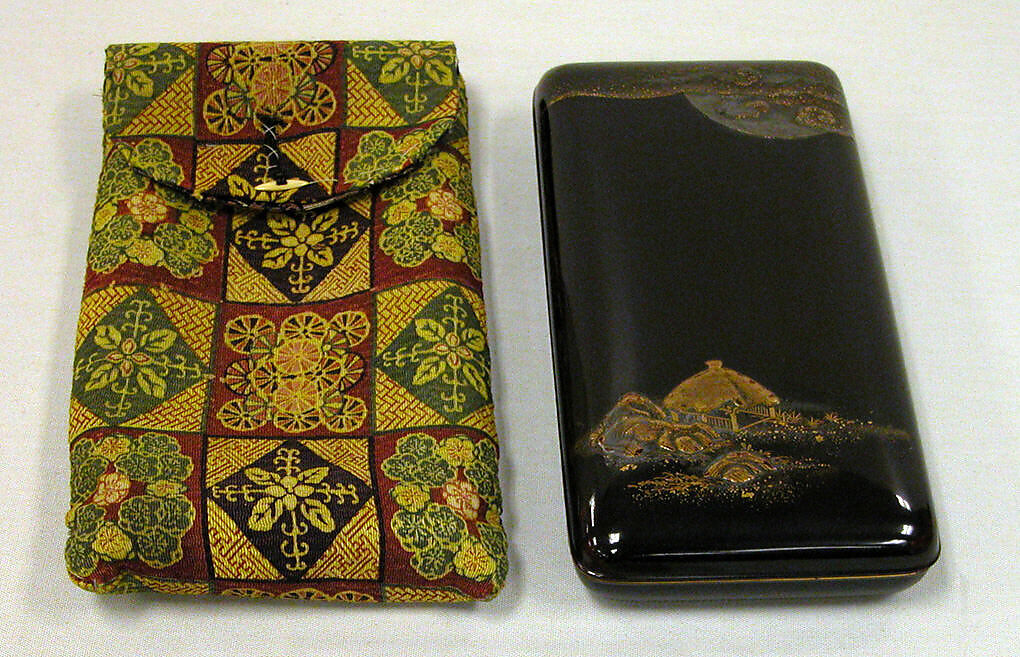 Writing Box with Design of Rustic Shelter and Clouds with Moon (cover), the Poet Saigyō Resting (inside), Gold and silver maki-e on black lacquer, Japan