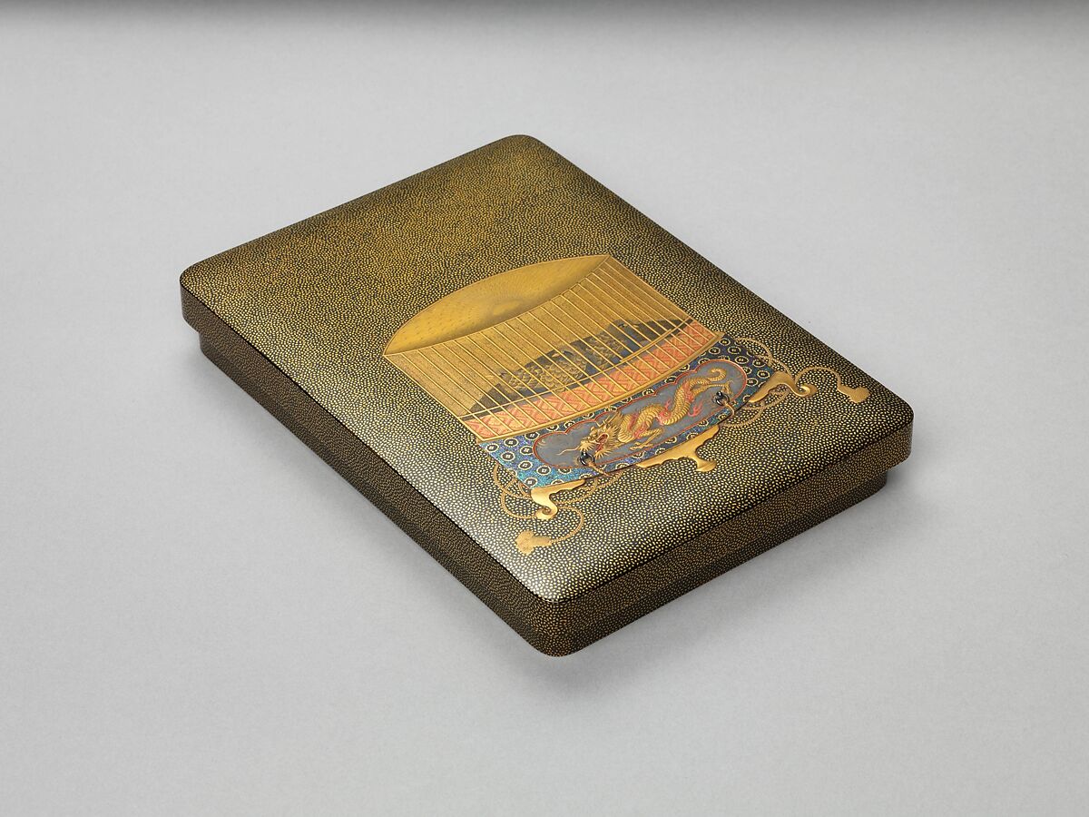 Writing Box with Birdcage, Black lacquer and gyōbu nashiji ground with gold and silver takamaki-e and hiramaki-e, and mother-of-pearl inlay, Japan