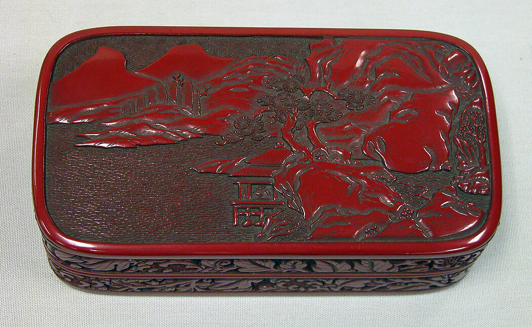 Box with Landscape and Scroll Pattern, Carved red lacquer, Japan