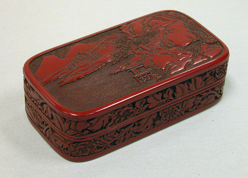 Box with Landscape and Scroll Pattern, Carved red lacquer, Japan 