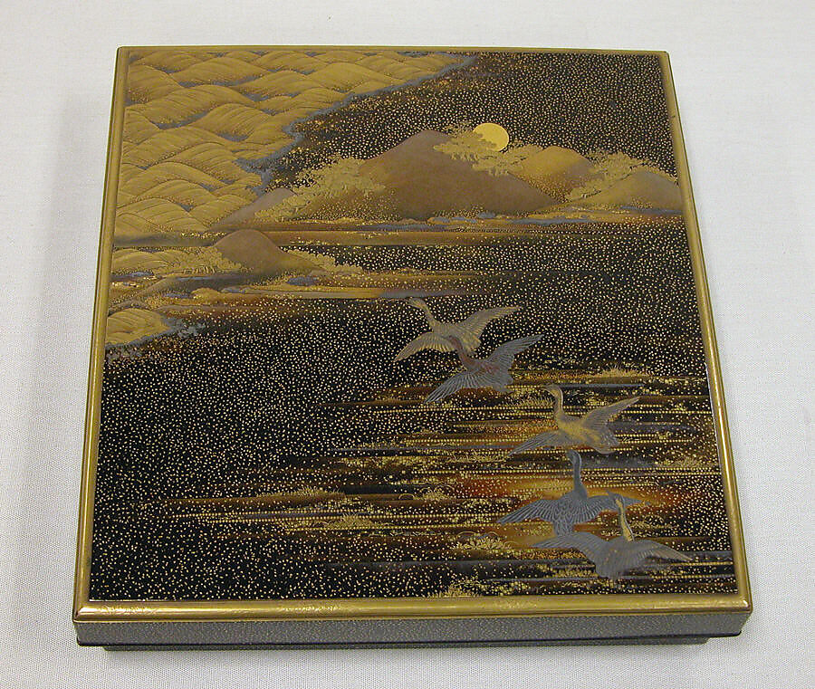 Writing Box with Flying Geese in the Autumn Night, Gold maki-e on black lacquer, Japan