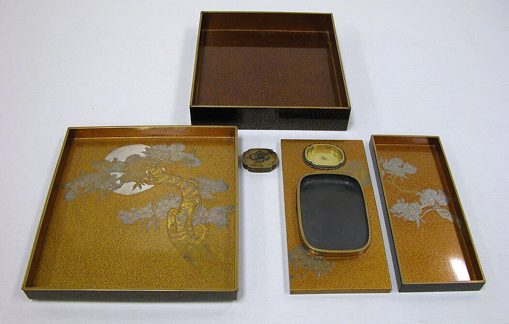 Writing Box with Flying Geese in the Autumn Night, Gold maki-e on black lacquer, Japan