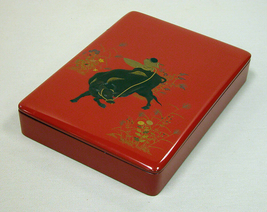 Writing Box with Design of Ox-Herding Boy Playing Flute, Gold and silver maki-e with colored lacquer on red lacquer, Japan 