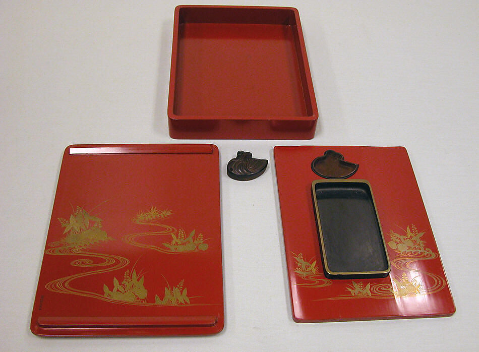 Writing Box with Design of Ox-Herding Boy Playing Flute, Gold and silver maki-e with colored lacquer on red lacquer, Japan