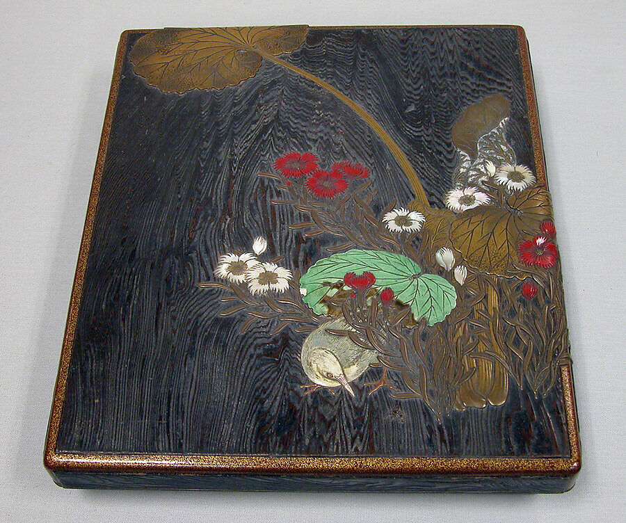 Writing Box with Design of Wild Pink, Butterbar, and Bird, In the Style of Ogawa Haritsu (Ritsuō) (Japanese, 1663–1747), Colored lacquer, gold maki-e, and inlaid pewter, Japan
