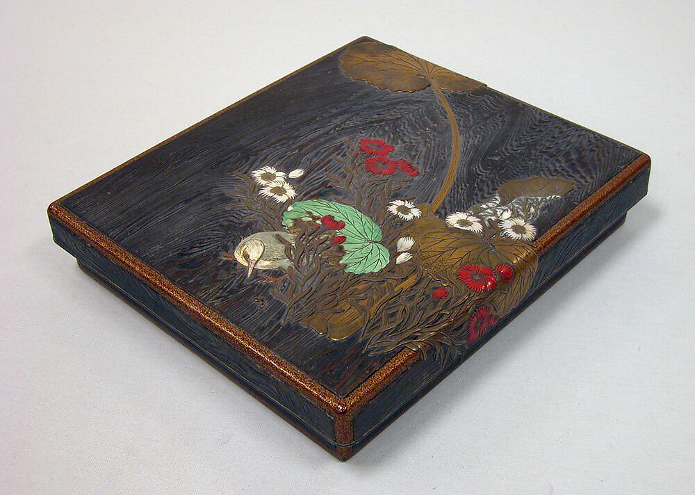 Writing Box with Design of Wild Pink, Butterbar, and Bird, In the Style of Ogawa Haritsu (Ritsuō) (Japanese, 1663–1747), Colored lacquer, gold maki-e, and inlaid pewter, Japan 