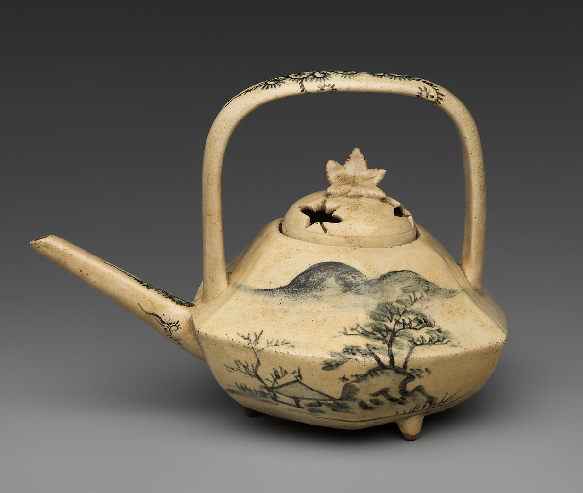 Teapot and Cover, Pottery with crackled glaze, and decorations (Kyoto ware), Japan