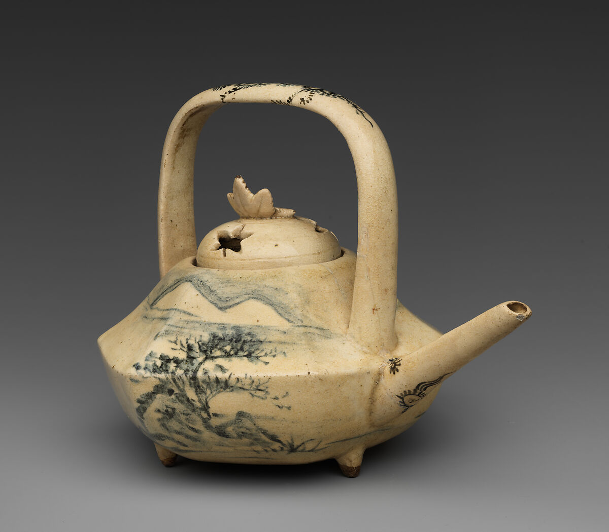 Teapot and Cover, Pottery with crackled glaze, and decorations (Kyoto ware), Japan