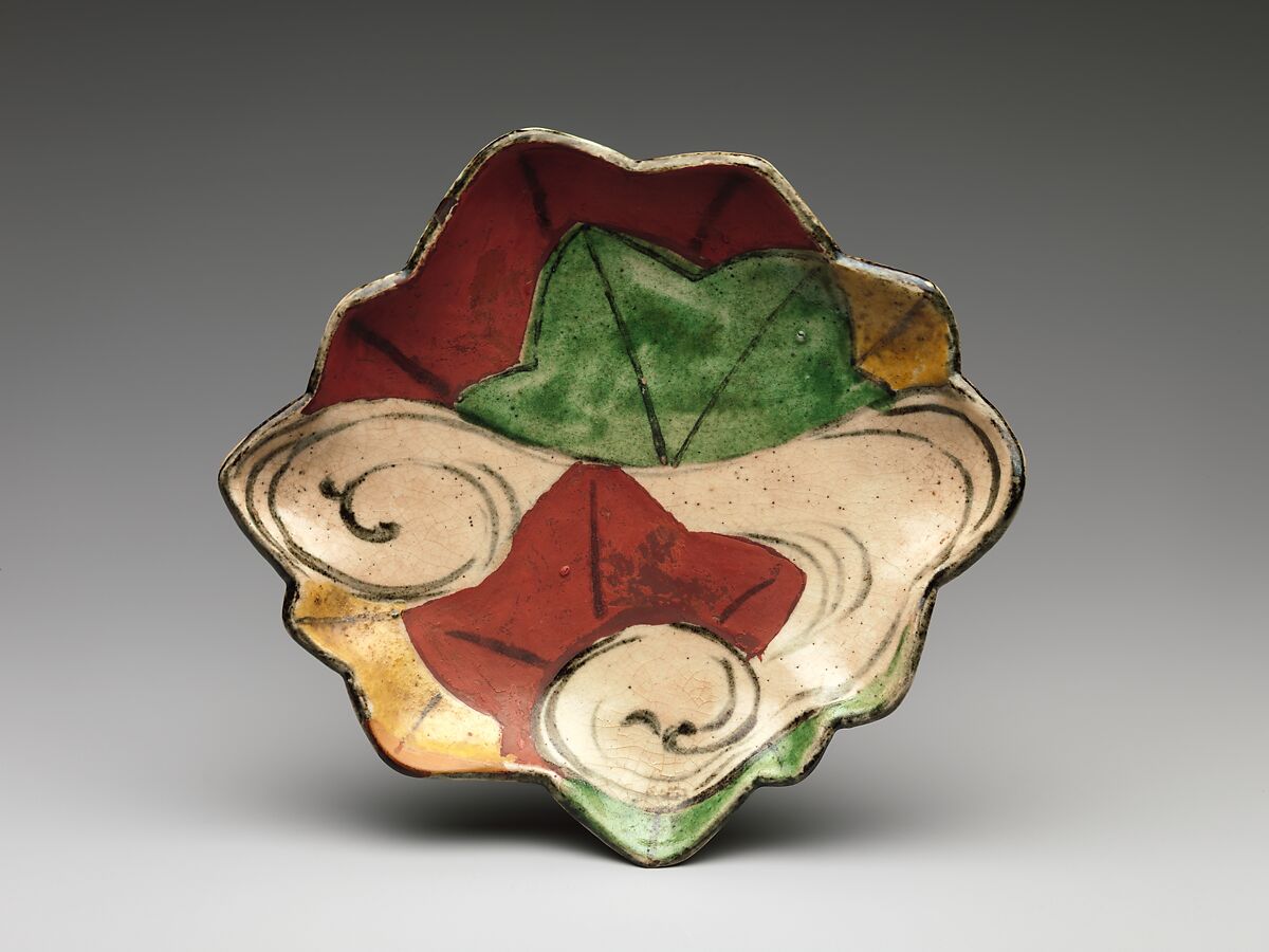 Dish with Design of Maple Leaves in a Stream, Style of Ogata Kenzan (Japanese, 1663–1743), Stoneware with colored enamels (Kyoto ware), Japan 
