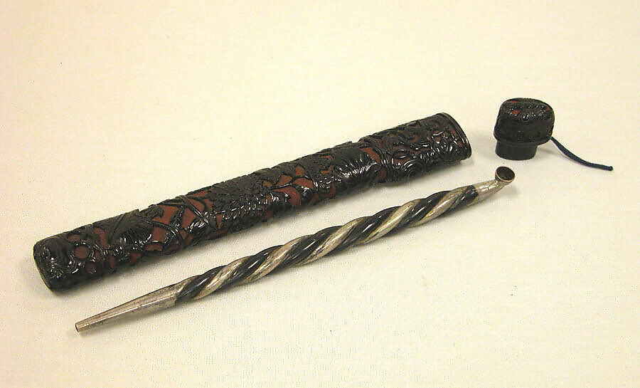 Pipe Case with Design of Flowers and Butterflies, Tamakaji Zōkoku (Japanese, 1803?–1866), Lacquer, silver and shakudo, Japan