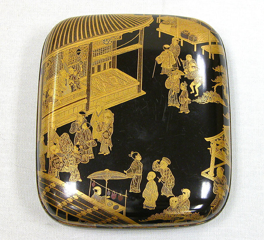 Small Box (Kobako) with Kyōgen Theater Scene at Mibu Temple in Kyoto, Kōami Shinzaburō (active second half of the 18th century), Lacquered wood with gold, silver, and red togidashimaki-e on black ground, Japan 