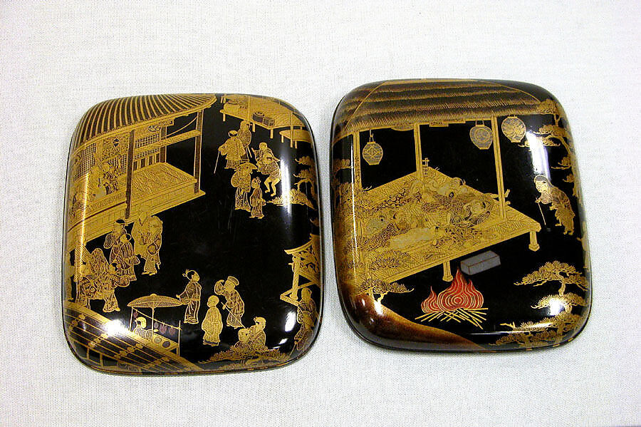 Small Box (Kobako) with Kyōgen Theater Scene at Mibu Temple in Kyoto, Kōami Shinzaburō (active second half of the 18th century), Lacquered wood with gold, silver, and red togidashimaki-e on black ground, Japan