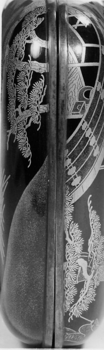 Small Box (Kobako) with Kyōgen Theater Scene at Mibu Temple in Kyoto, Kōami Shinzaburō (active second half of the 18th century), Lacquered wood with gold, silver, and red togidashimaki-e on black ground, Japan