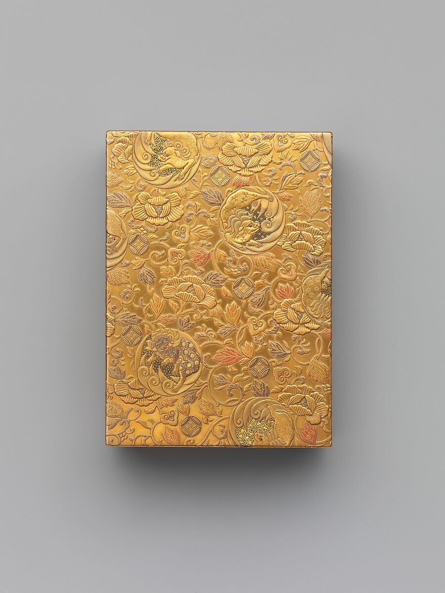 Incense Box (kōbako) in the Shape of Five Volumes of The Tale of Genji, Lacquered wood with gold and silver takamaki-e, hiramaki-e, and togidashimaki-e, cutout gold- and silver-foil application, and red and green lacquer, Japan