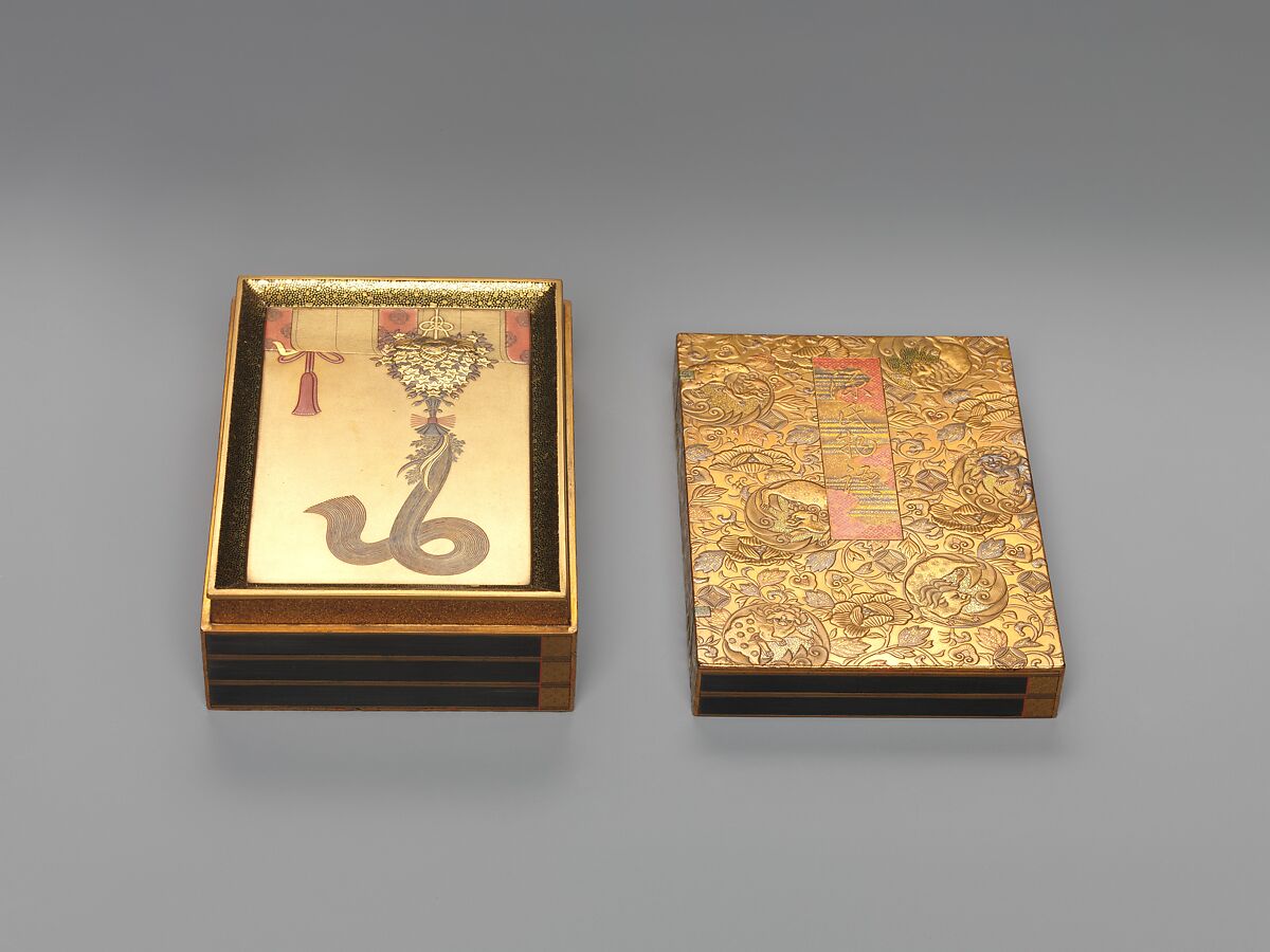 Incense Box (kōbako) in the Shape of Five Volumes of The Tale of Genji, Lacquered wood with gold and silver takamaki-e, hiramaki-e, and togidashimaki-e, cutout gold- and silver-foil application, and red and green lacquer, Japan