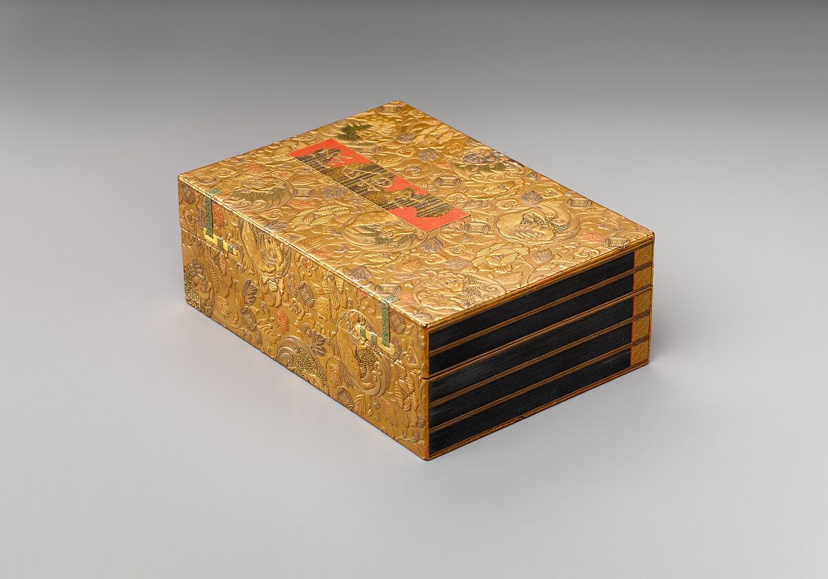 Incense Box (kōbako) in the Shape of Five Volumes of The Tale of Genji, Lacquered wood with gold and silver takamaki-e, hiramaki-e, and togidashimaki-e, cutout gold- and silver-foil application, and red and green lacquer, Japan