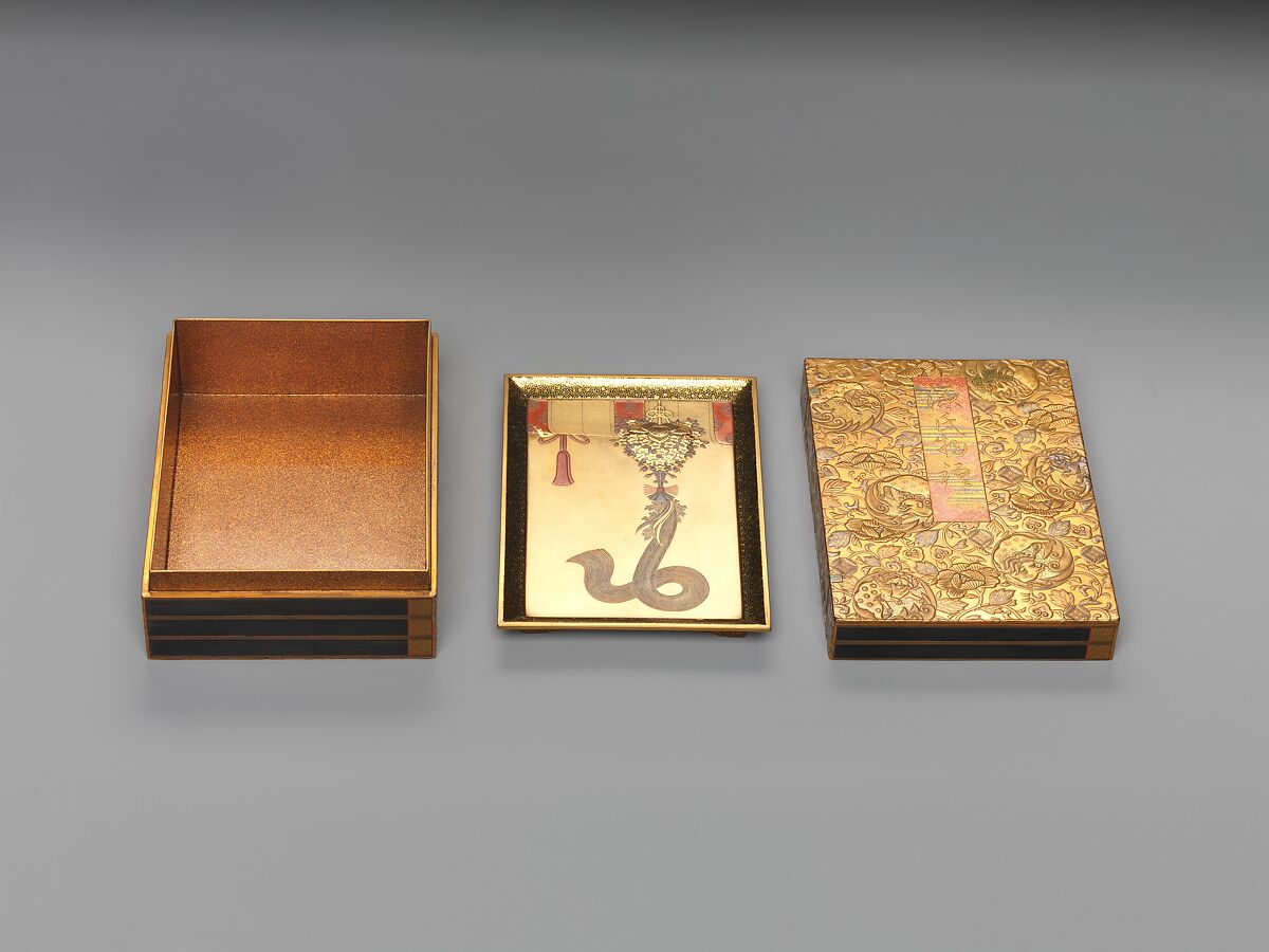Incense Box (kōbako) in the Shape of Five Volumes of The Tale of Genji, Lacquered wood with gold and silver takamaki-e, hiramaki-e, and togidashimaki-e, cutout gold- and silver-foil application, and red and green lacquer, Japan