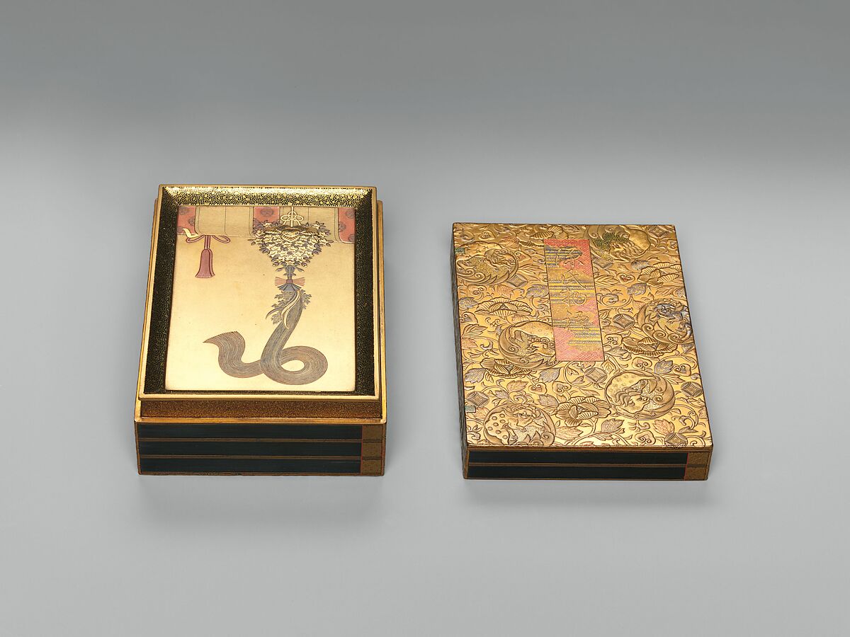 Incense Box (kōbako) in the Shape of Five Volumes of The Tale of Genji, Lacquered wood with gold and silver takamaki-e, hiramaki-e, and togidashimaki-e, cutout gold- and silver-foil application, and red and green lacquer, Japan