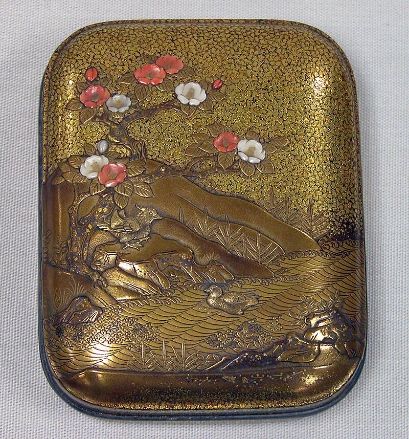 Incense Container (Kōgō) with Camellia and Mandarin Ducks, Lacquered wood with gold, silver takamaki-e, hiramaki-e, cut-out gold foil application, and coral and ivory inlay, Japan 