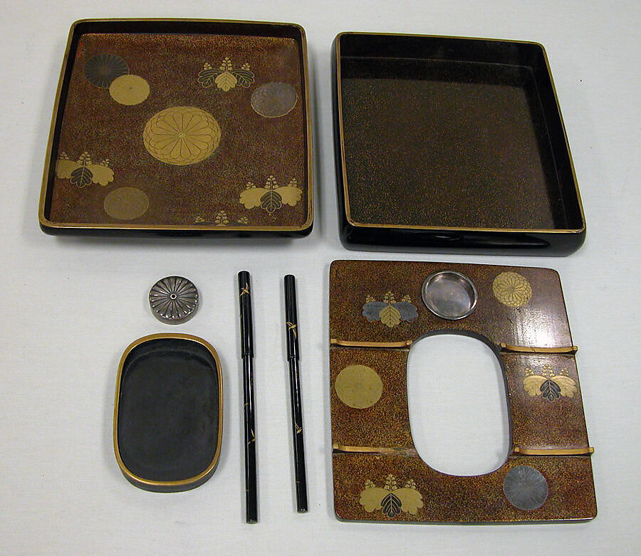 Box for Writing Implements with Design of Kimono on Rack and Incense Burner, Lacquer with silver and gold, Japan