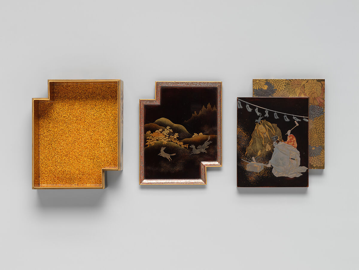 Incense Box with Scene from Noh Play Kokaji, Koma School (Japanese), Black lacquer with gold, silver, and red hiramaki-e and togidashimaki-e, Japan