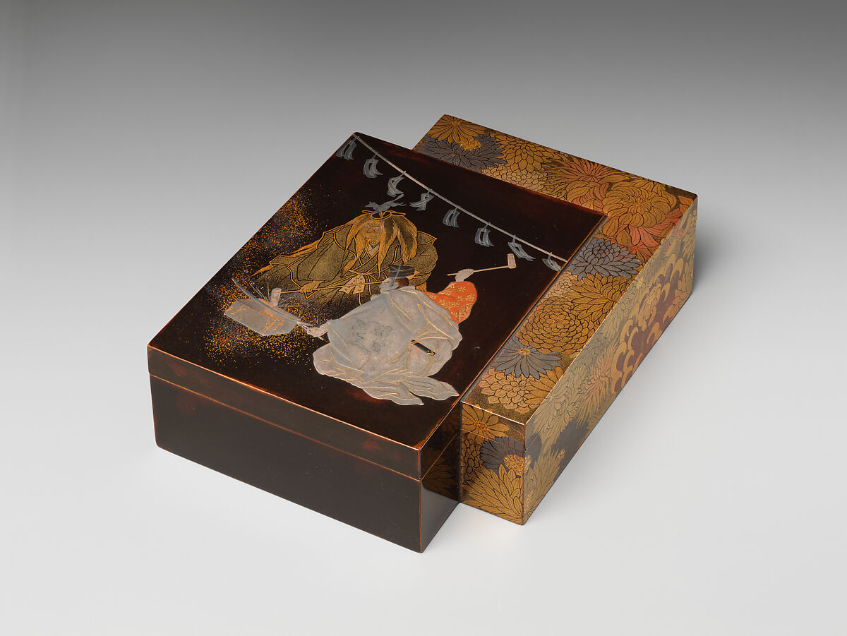 Incense Box with Scene from Noh Play Kokaji, Koma School (Japanese), Black lacquer with gold, silver, and red hiramaki-e and togidashimaki-e, Japan 