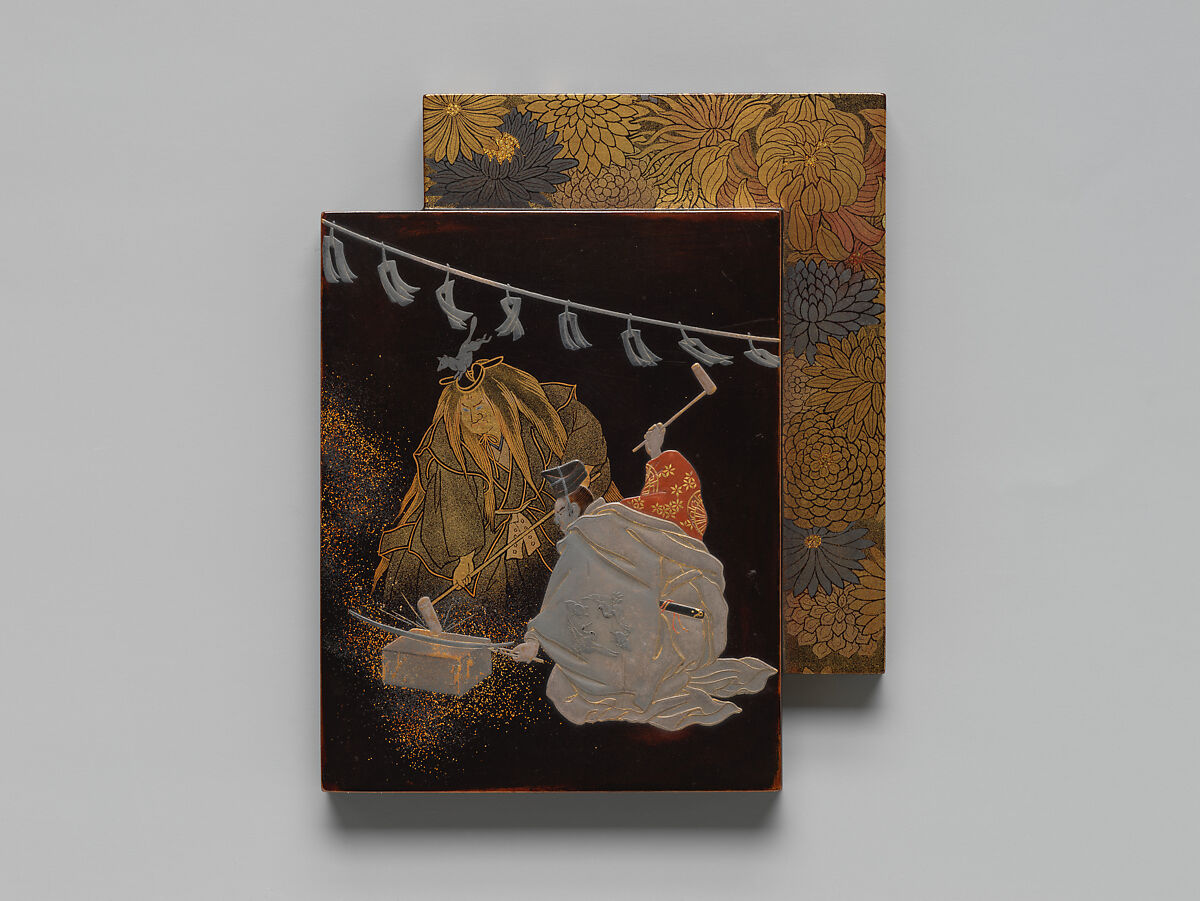 Incense Box with Scene from Noh Play Kokaji, Koma School (Japanese), Black lacquer with gold, silver, and red hiramaki-e and togidashimaki-e, Japan