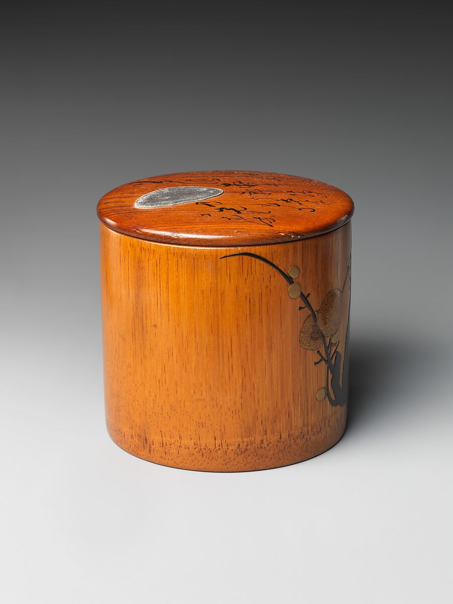 Box with Design of Plum Tree and Moon, Lacquered by Tansai, Gold, black lacquer, and pewter on bamboo, Japan