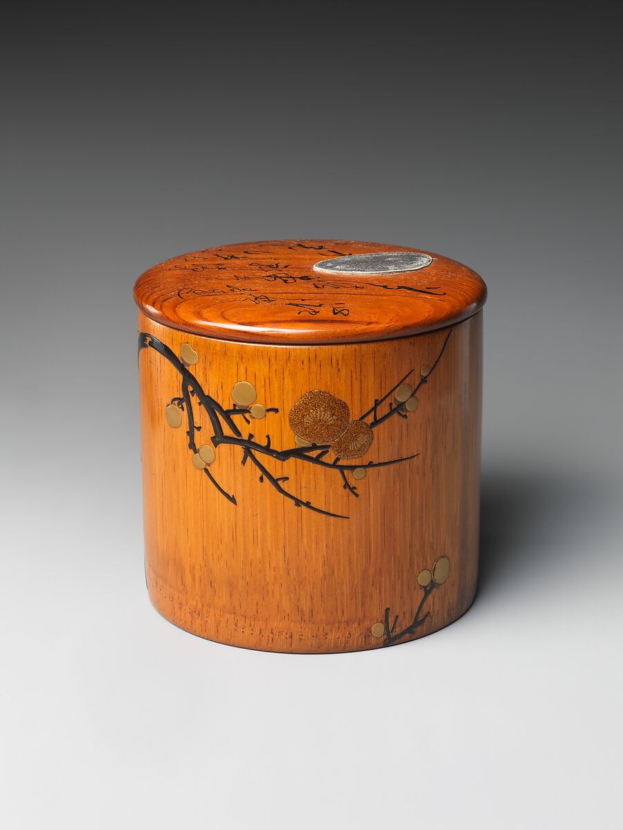 Box with Design of Plum Tree and Moon, Lacquered by Tansai, Gold, black lacquer, and pewter on bamboo, Japan