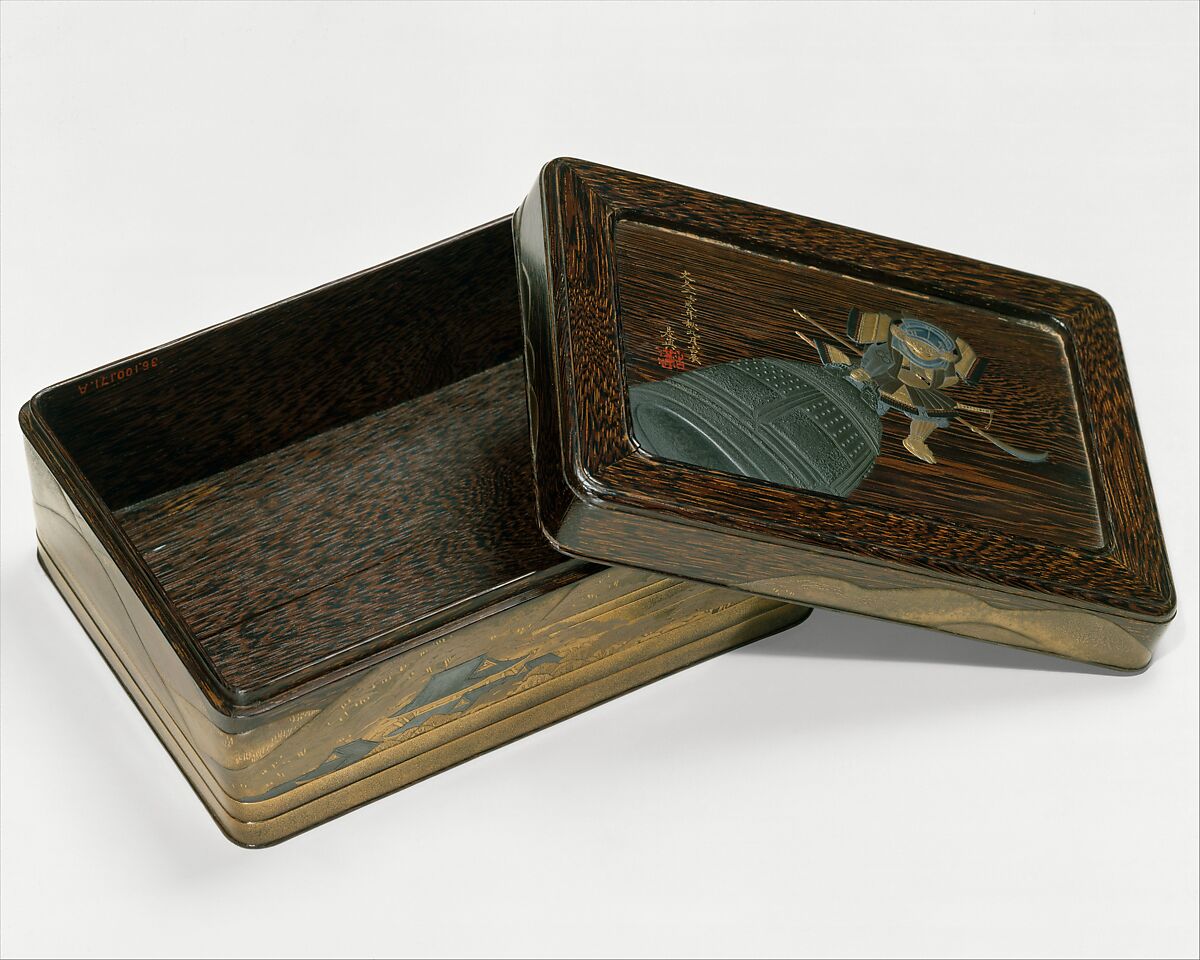 Box with Design of Benkei and a Bell, Shibata Zeshin (Japanese, 1807–1891), Mokume-nuri, gold, silver, red, black lacquer, takamaki-e, hiramaki-e, Japan 