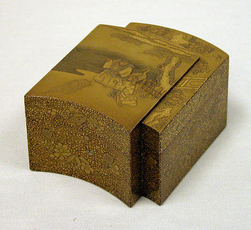 Incense Box in the Shape of a Book, Inner tray of ivory, sprinkled gold lacquer, inlaid metal, shell and colored lacquer, Japan 