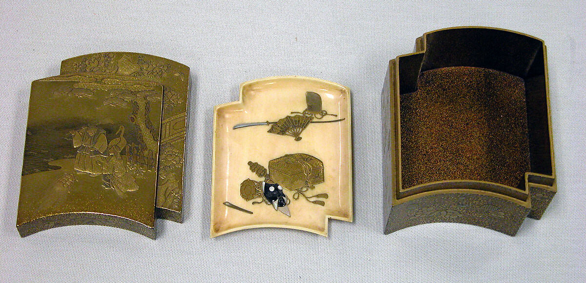 Incense Box in the Shape of a Book, Inner tray of ivory, sprinkled gold lacquer, inlaid metal, shell and colored lacquer, Japan